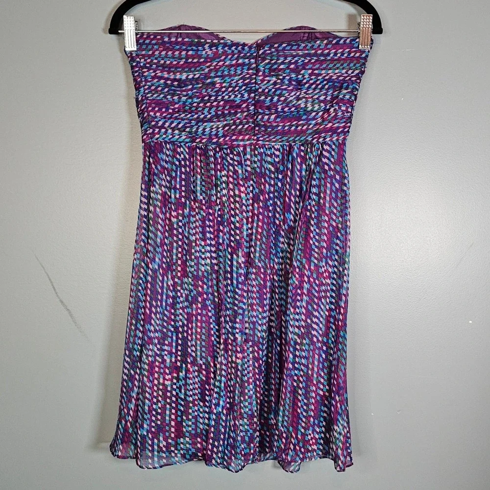 Shoshanna Shirred Pixie Stix Strapless Silk Dress Purple Blue‎ Geometric Size 0